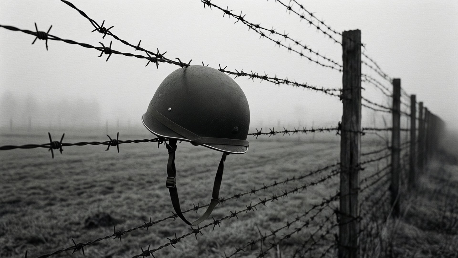 Fallen Helmet 壁紙 — 一個破舊的軍用頭盔懸掛在帶刺鐵絲上，背景是霧濛濛的田野。