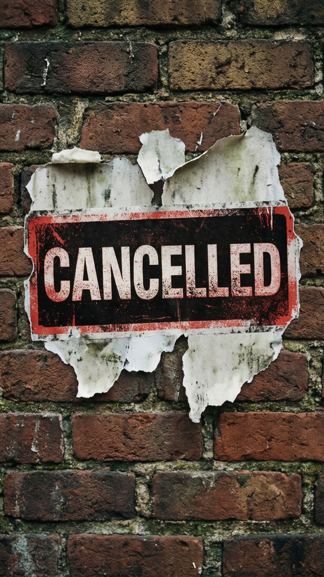 Grunge Cancelled Sticker 壁紙 — 一個破舊撕裂的「CANCELLED」標牌從生鏽的磚牆上剝落，顯露出腐朽與廢棄。