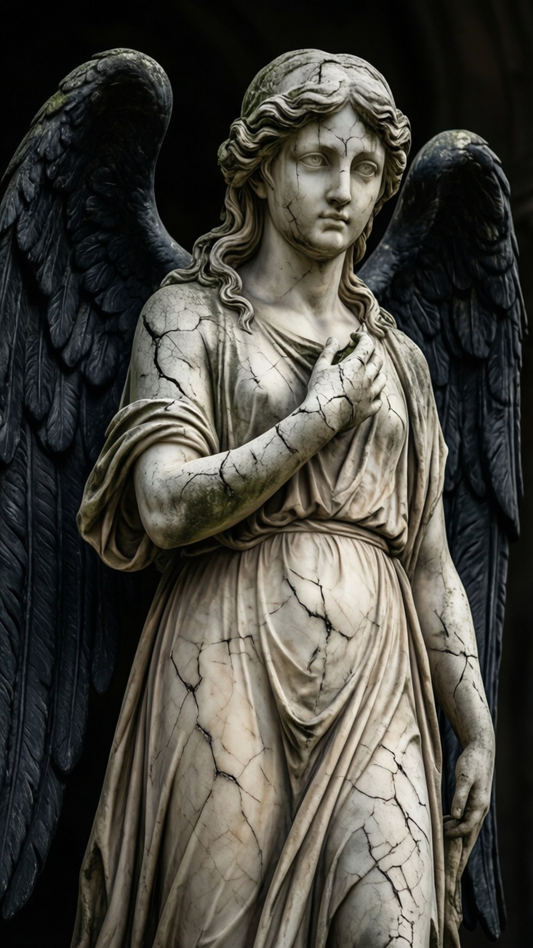 Weathered Statue 壁紙 — 一個破裂的石天使雕像，帶有黑色翅膀，在黑色背景前握著胸口。