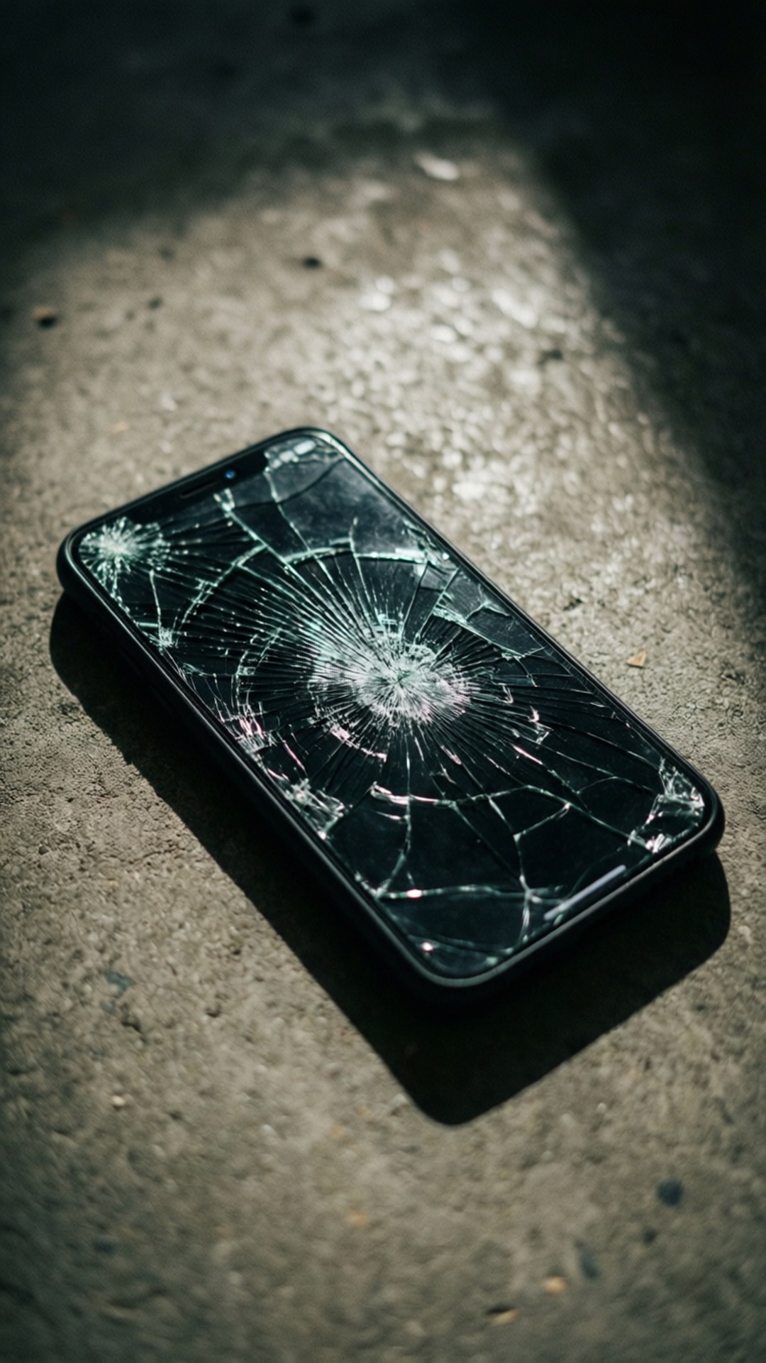 Cracked Screen Device 壁紙 — 一部破碎的智慧型手機放在粗糙的混凝土上，在戲劇性的聚光燈下凸顯裂縫和破碎的玻璃。