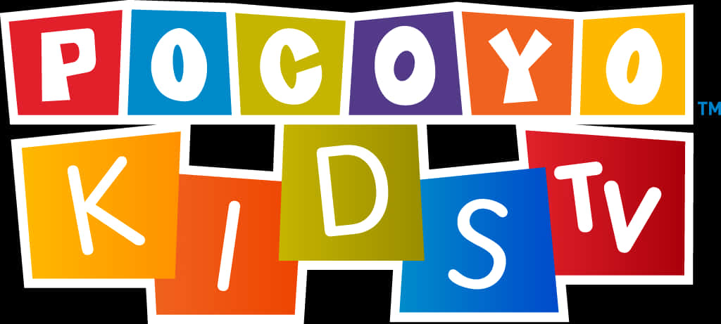 Cartoon 桌布 壁紙 — Pocoyo Kids TV 的鮮豔多彩標誌，黑色背景上有多色塊配上粗體白色字母。