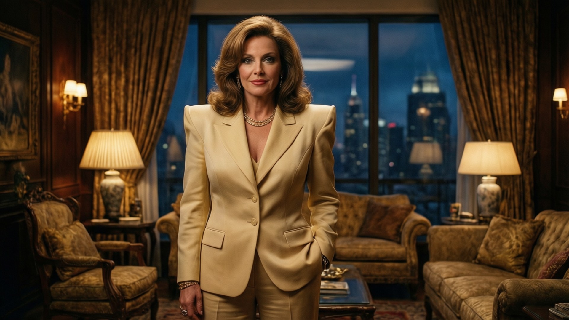 Powerful Fallon Carrington 壁紙 — 一位穿著米色西裝的優雅女士自信地站在裝潢華麗的客廳中，透過大窗戶可以看到夜晚的城市天際線。
