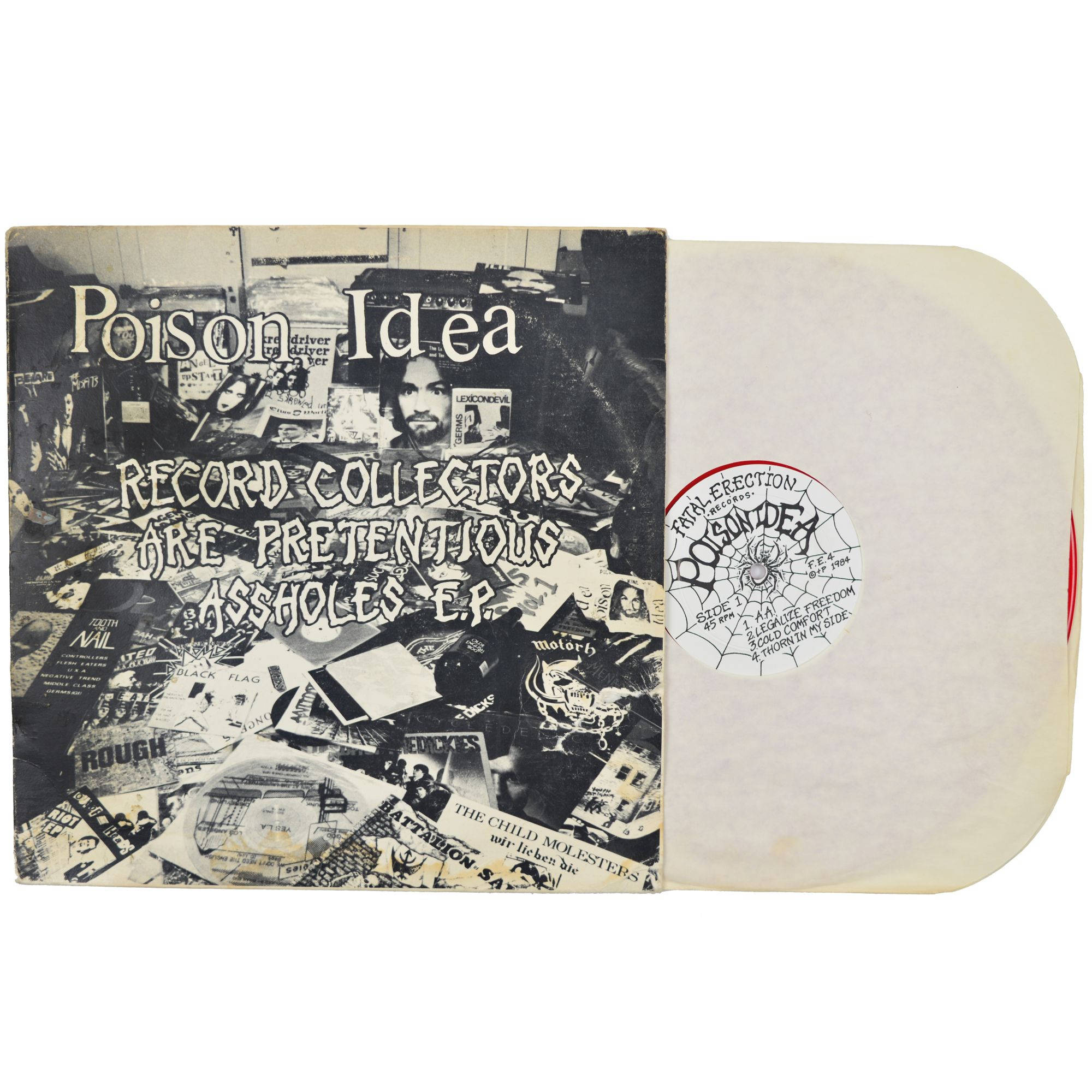 黑白 桌布 壁紙 — Poison Idea的《Record Collectors Are Pretentious Assholes E.P.》黑白黑膠唱片封套打開著，放在半透明奶油色黑膠唱片旁邊。