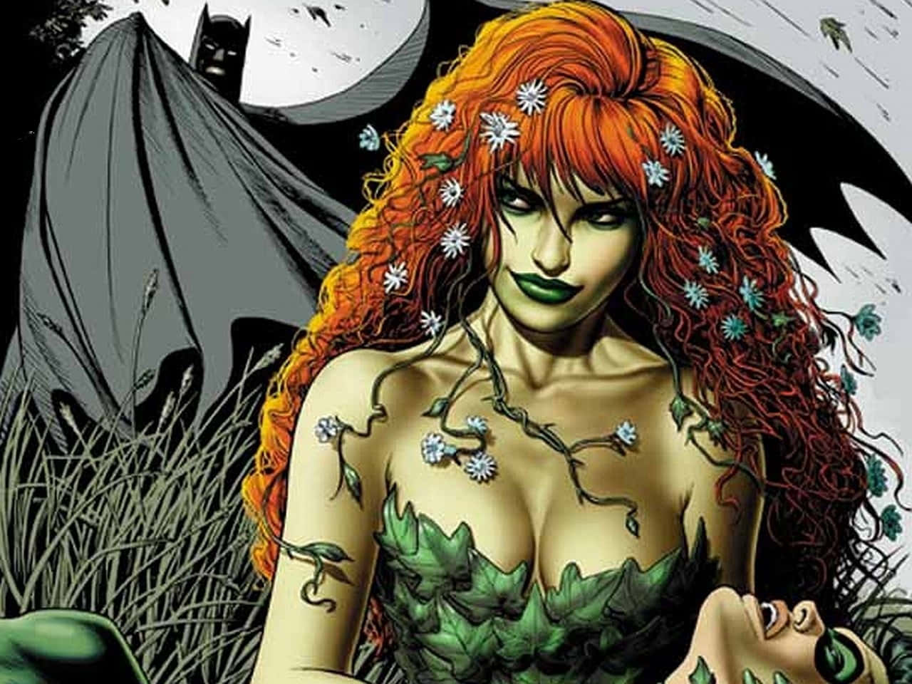  壁紙 — 毒藤女（Poison Ivy）擁有火紅的頭髮和藤蔓，挑釁地站著，蝙蝠俠（Batman）在她身後陰影中若隱若現。