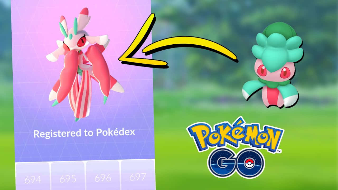 寶可夢 桌布 壁紙 — Pokémon GO 介面顯示一隻粉紅色和白色的 Pokémon 進化成一隻綠色和粉紅色的 Pokémon，並有一個黃色箭頭指向左邊。