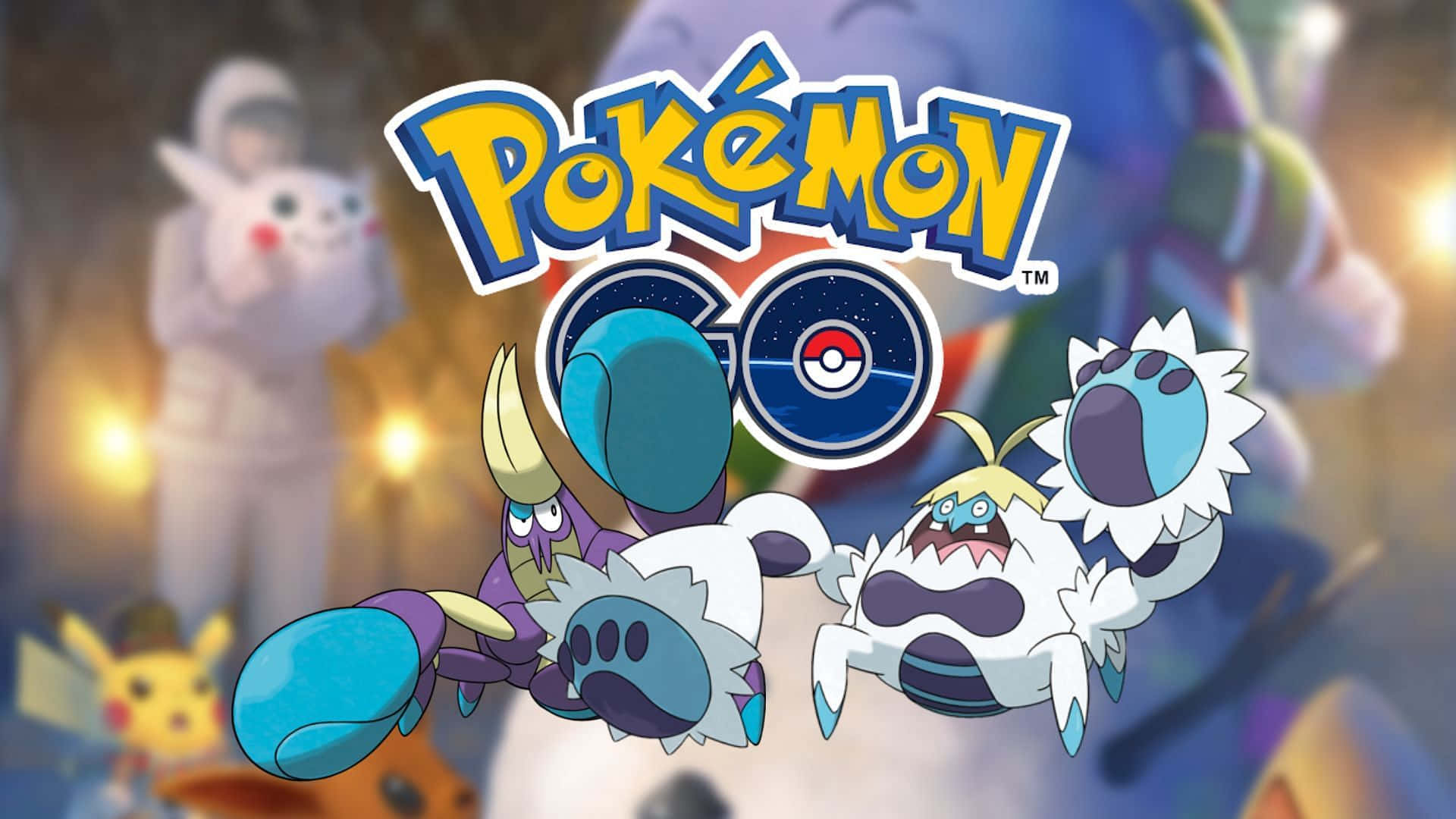 寶可夢 桌布 壁紙 — Pokémon GO 標誌，前景有三個新寶可夢角色，背景有模糊的玩家身影。