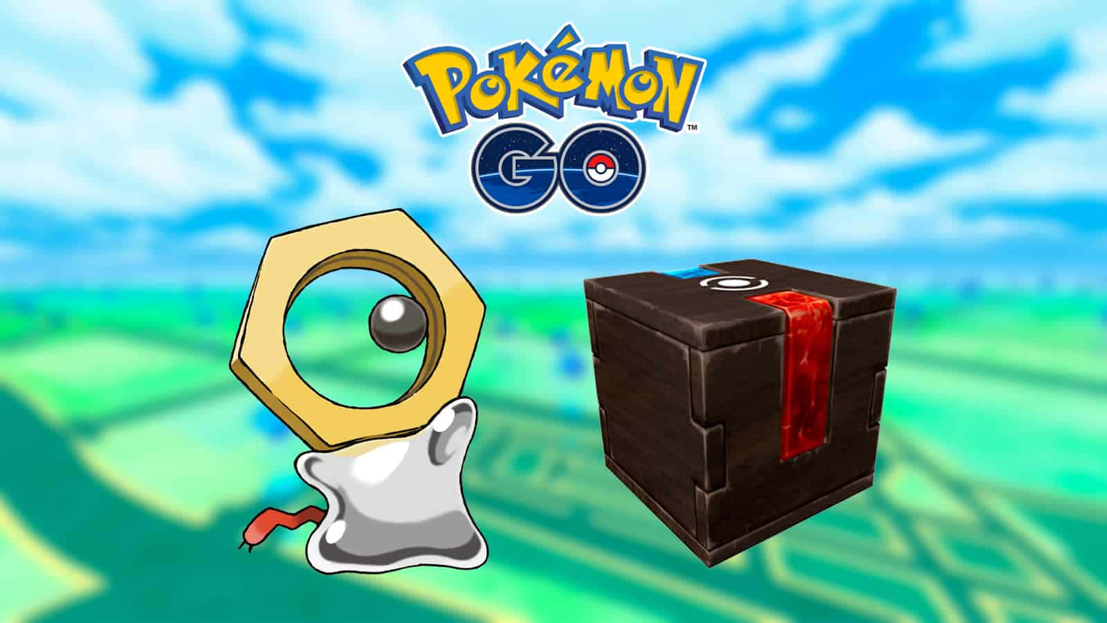 電玩遊戲 桌布 壁紙 — Pokémon GO 標誌，帶有六角形寶可夢和一個神秘盒子，背景是明亮的藍天和綠色地形。