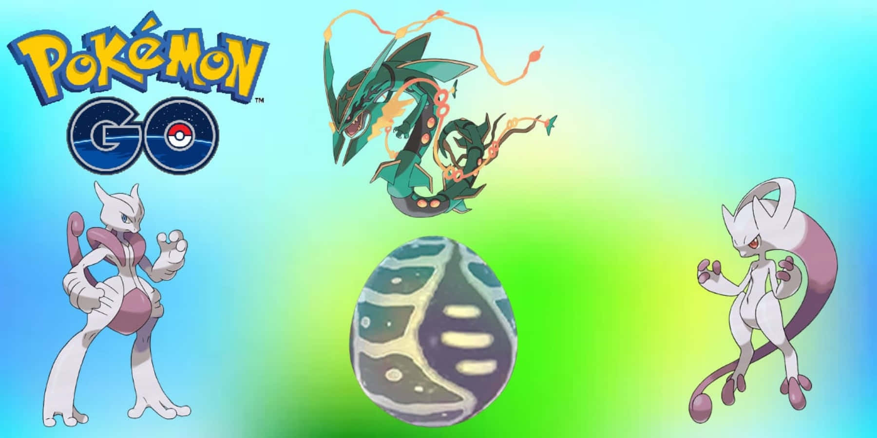 寶可夢 桌布 壁紙 — Pokémon GO 標誌，帶有超夢、超夢三和一個精靈球蛋，背景為藍綠色漸變。