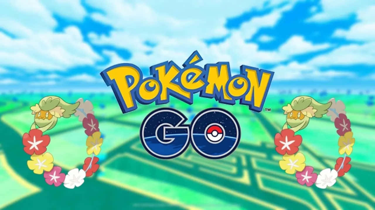 寶可夢 桌布 壁紙 — Pokémon GO 標誌兩側有兩隻 Florges 手持色彩繽紛的花環，背景是明亮的藍天和綠色田野。