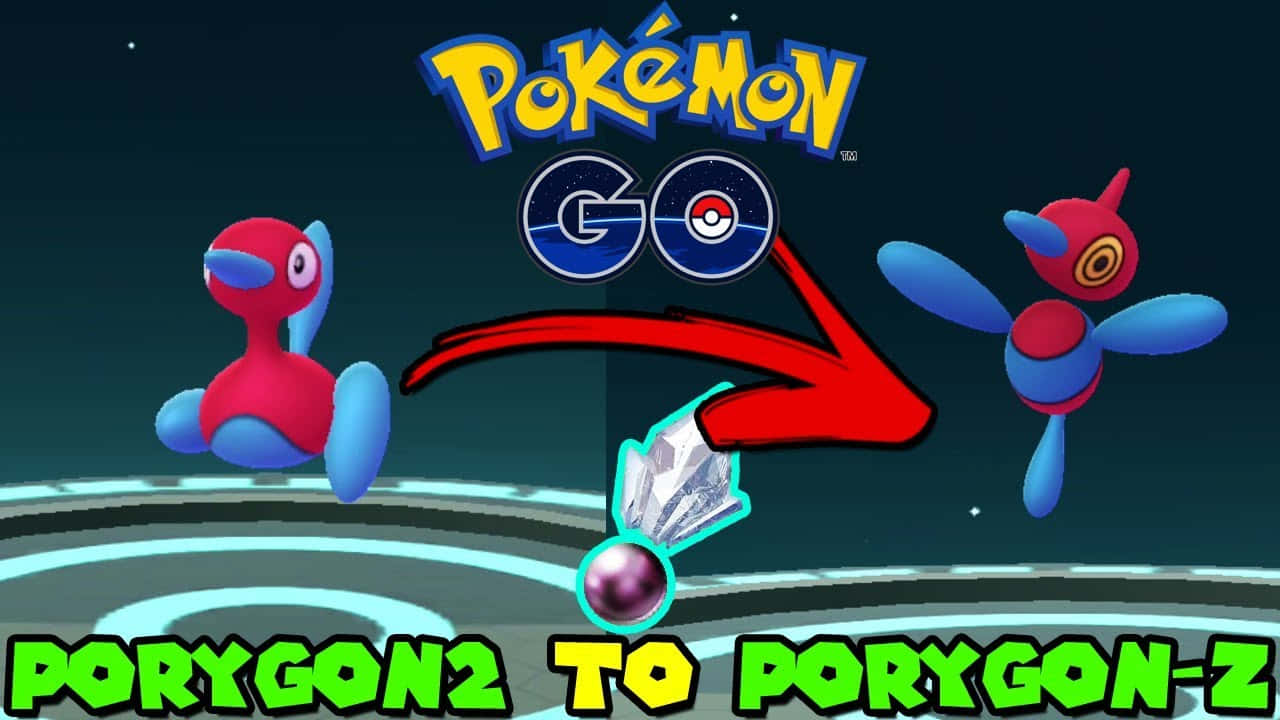 Porygon2 桌布 壁紙 — Pokémon GO 進化場景，顯示多邊獸2型在水晶和紅色箭頭下，在黑暗星空背景中變身成多邊獸Z。