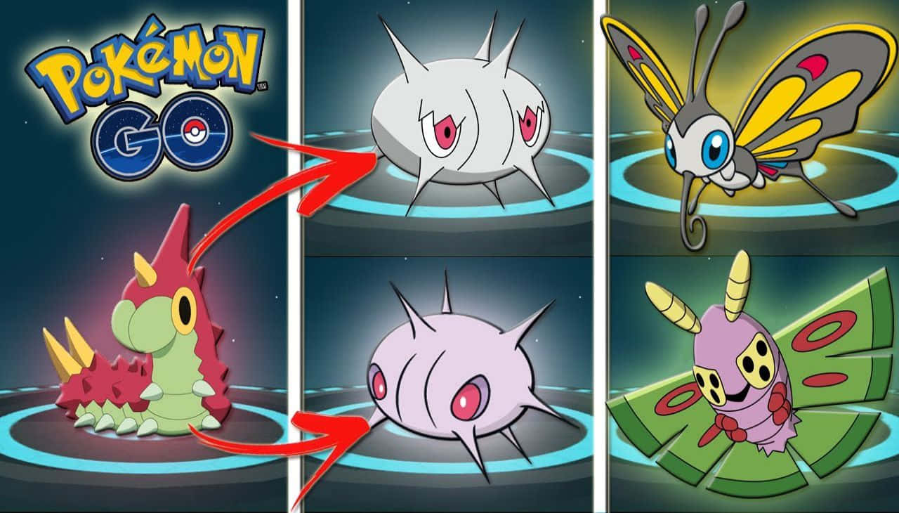 寶可夢 桌布 壁紙 — Pokémon GO 進化指南，以紅色箭頭顯示綠毛蟲進化成鐵甲蛹，再進化成巴大蝶。