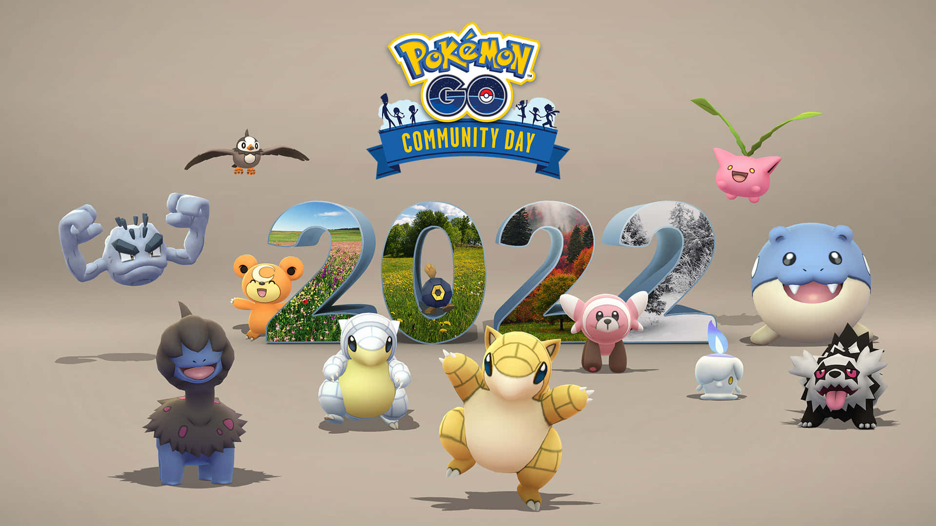 寶可夢 桌布 壁紙 — Pokémon GO Community Day 2022 宣傳圖片，展示各種寶可夢角色圍繞大型3D數字，內部有自然場景。