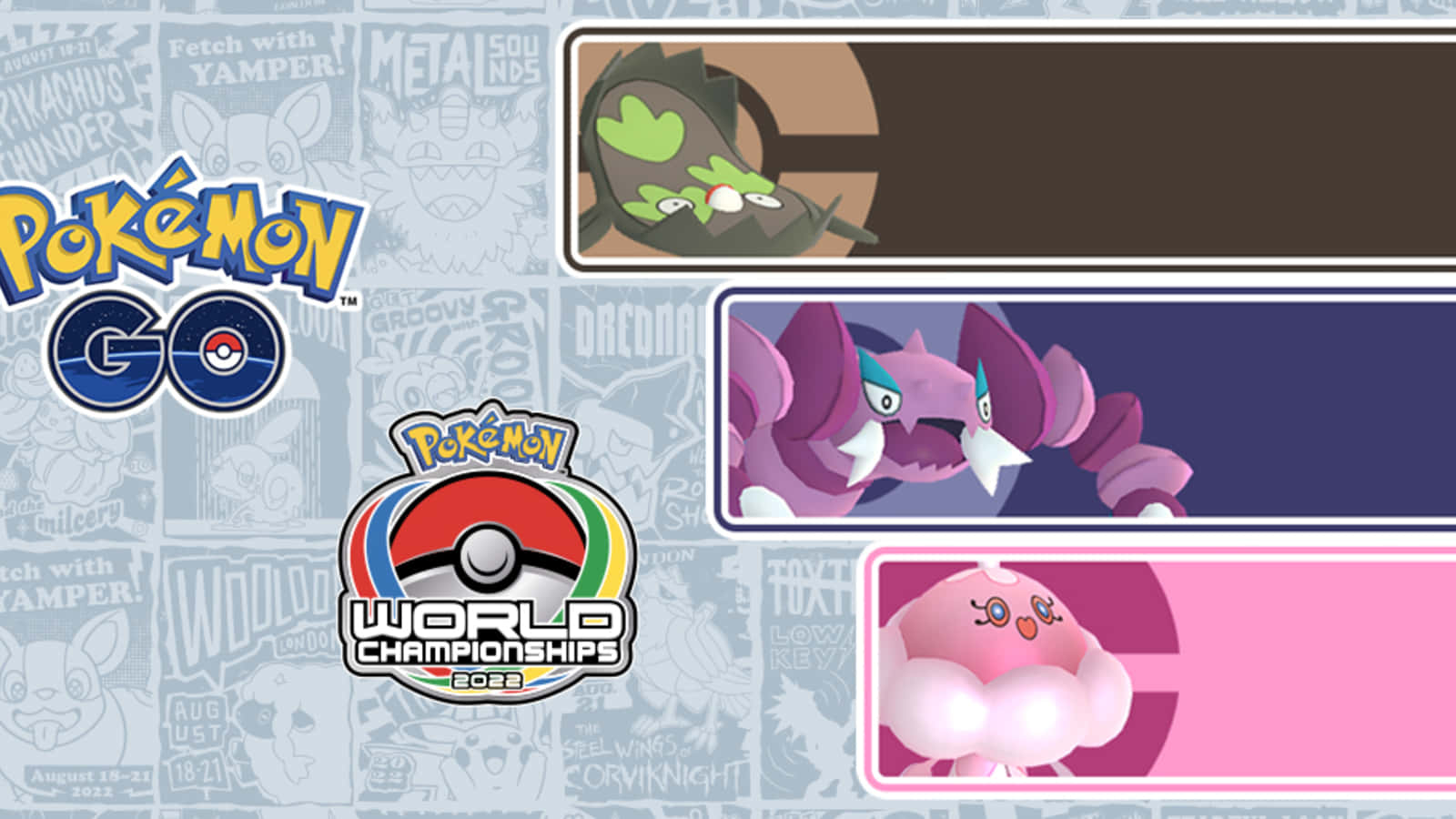 藝術 桌布 壁紙 — Pokémon GO World Championships 2022 宣傳桌布，以三個寶可夢角色為特色，背景為拼貼風格。