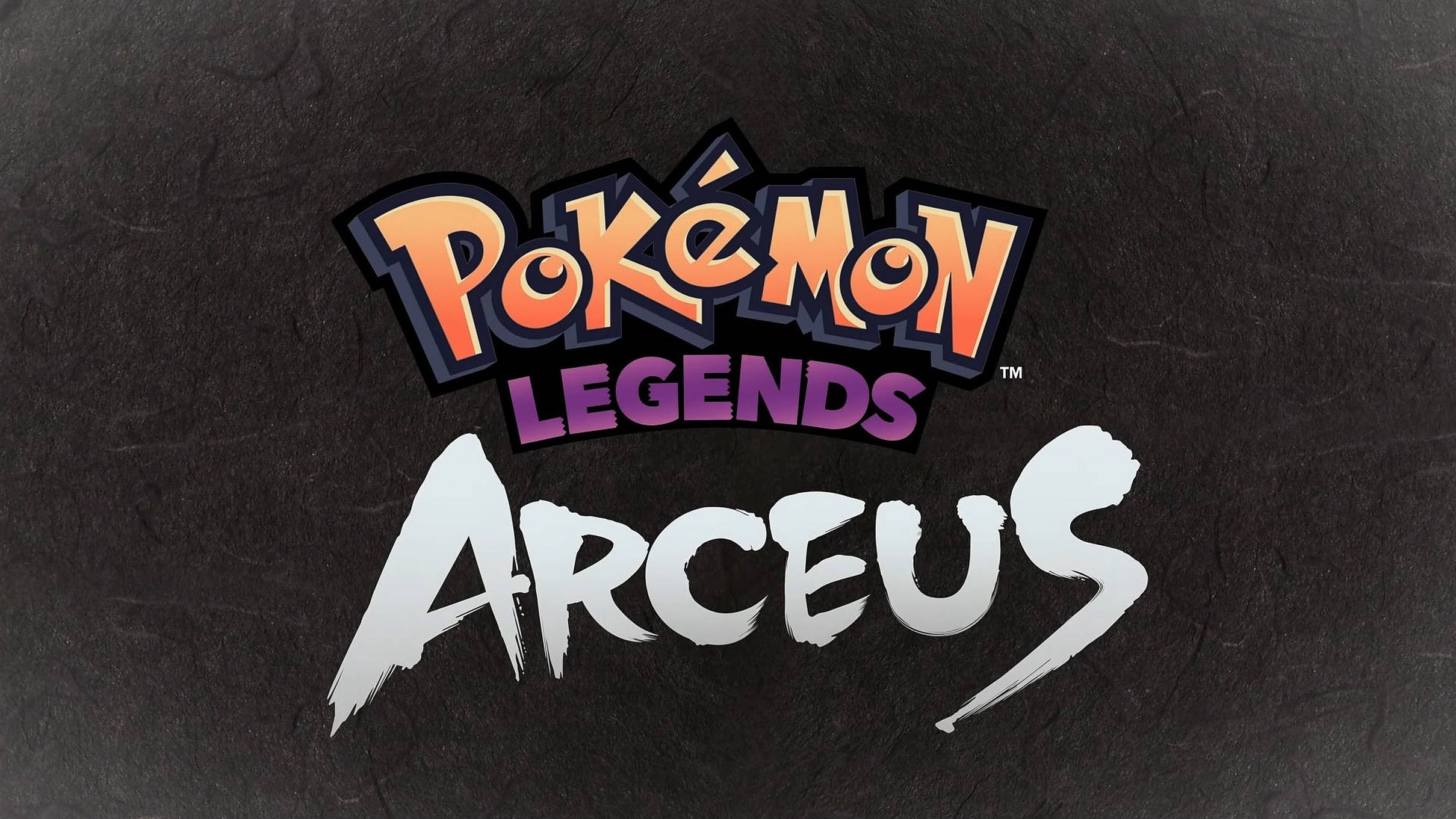 Legends 桌布 壁紙 — Pokémon Legends Arceus 標誌在紋理深灰色背景上以鮮豔的橙色和紫色文字發光。