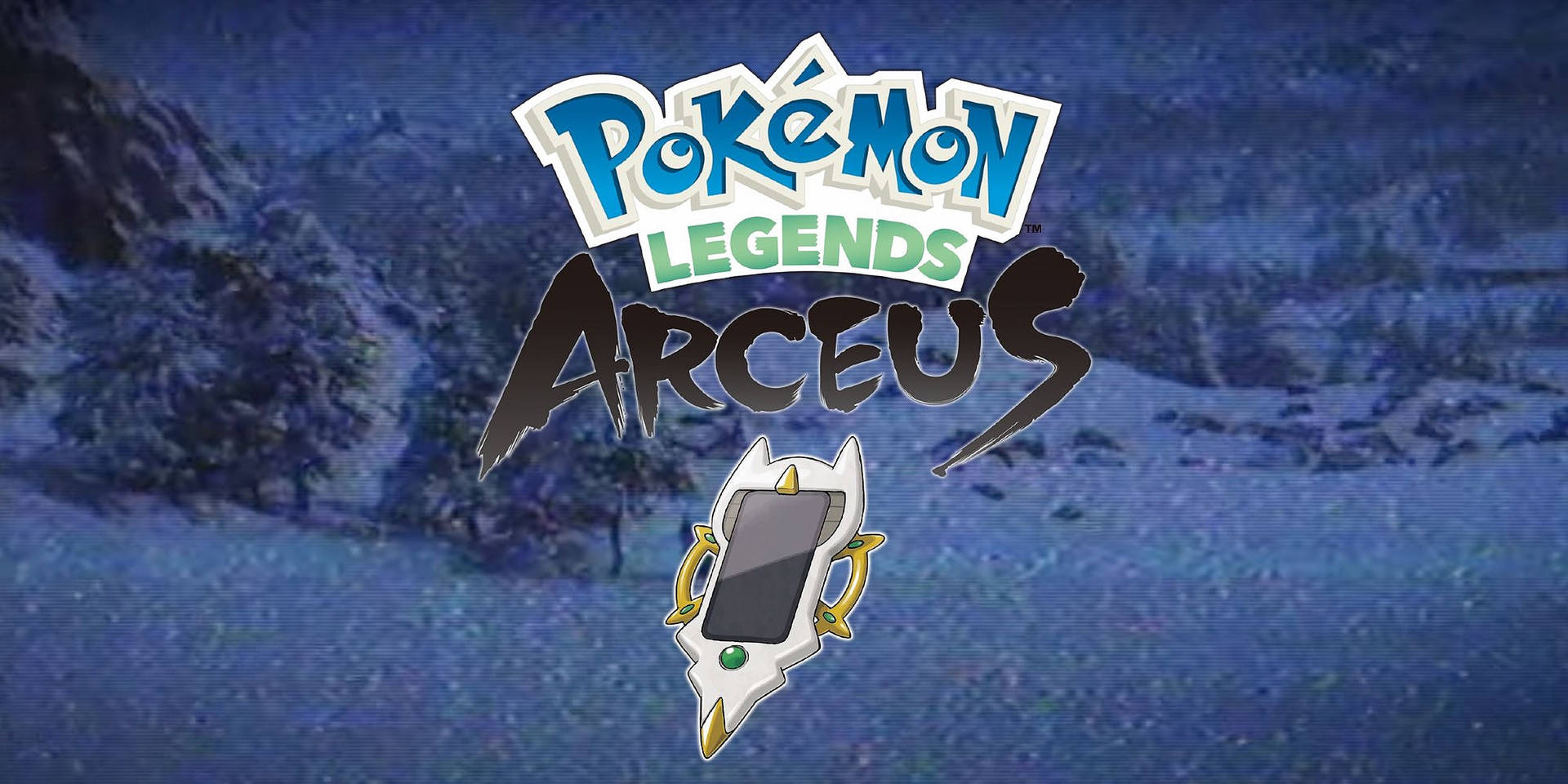 Pokémon Legends Arceus 遊戲標誌，夜晚雪山上有手持裝置。 — 寶可夢傳說 阿爾宙斯 壁紙