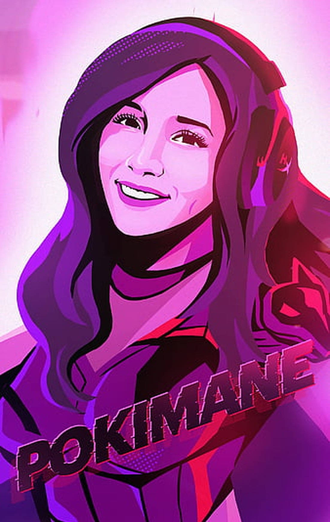 pokimane 桌布 壁紙 — Pokimane 微笑的鮮豔數位肖像，長黑髮搭配大膽的紫粉燈光。