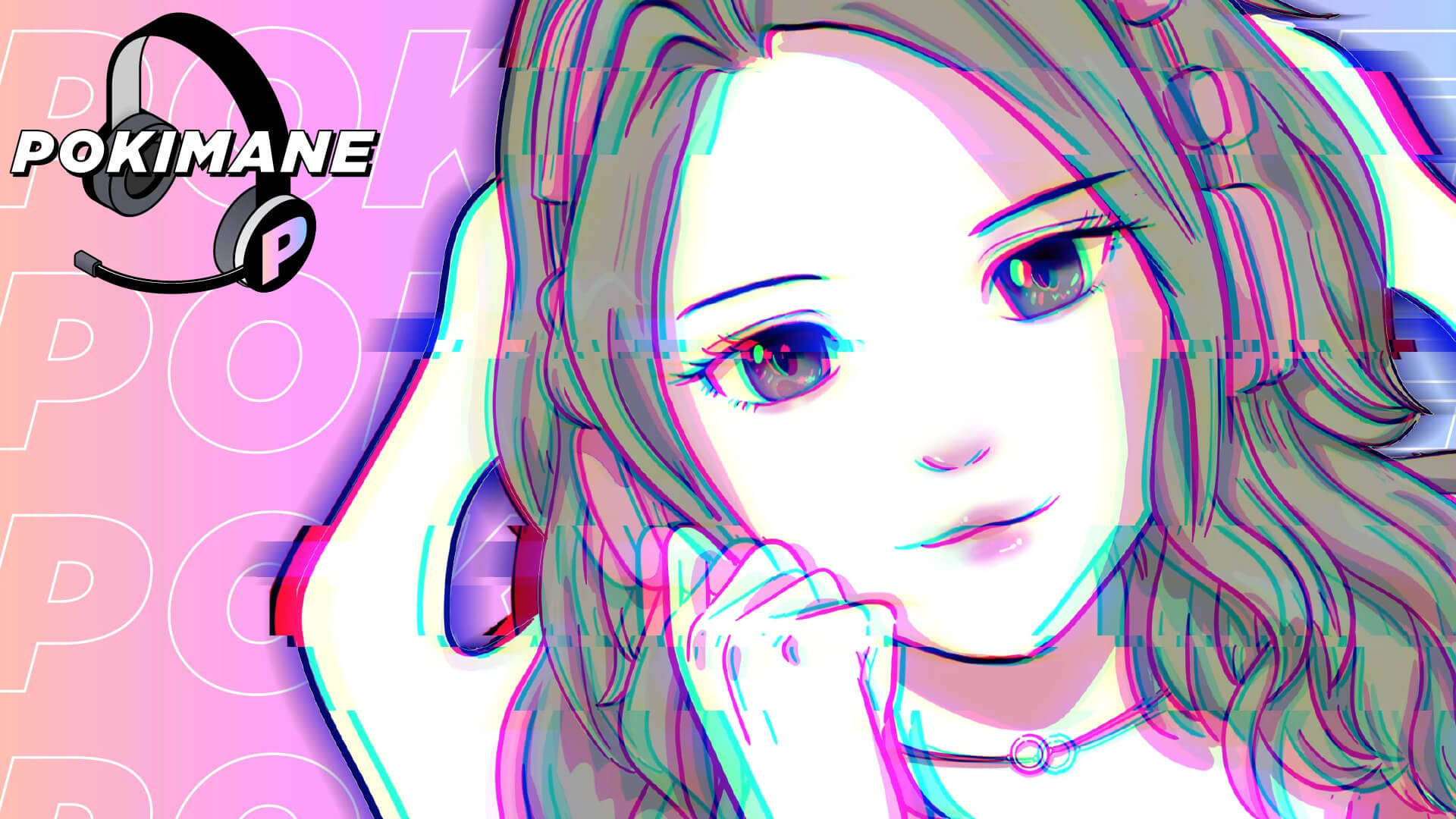 pokimane 桌布 壁紙 — Pokimane 的動漫風格肖像，帶有故障效果和充滿活力的粉紅與青色調色板。