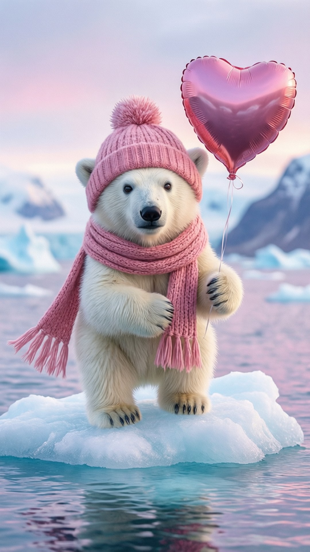 Polar Bear with Heart 壁紙 — 一隻北極熊戴著粉紅色針織帽和圍巾，站在冰山上，手持一個閃亮的粉紅色心形氣球，背景是粉彩天空。