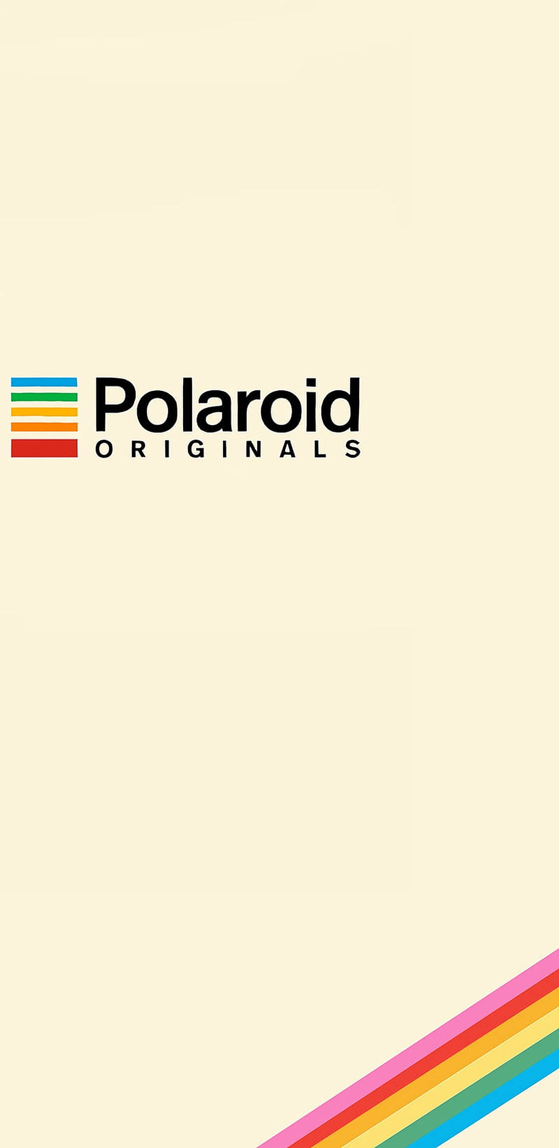 拍立得 桌布 壁紙 — Polaroid Originals 標誌，奶油色背景上帶有彩虹條紋，角落有對角彩虹點綴。