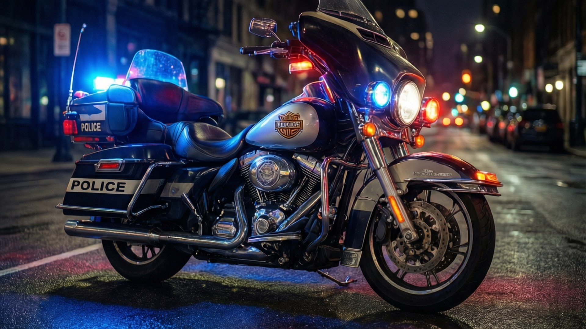 Night Patrol Unit 壁紙 — 一輛警用摩托車在夜間停放在濕漉漉的城市街道上，閃爍著藍色和紅色的燈光。