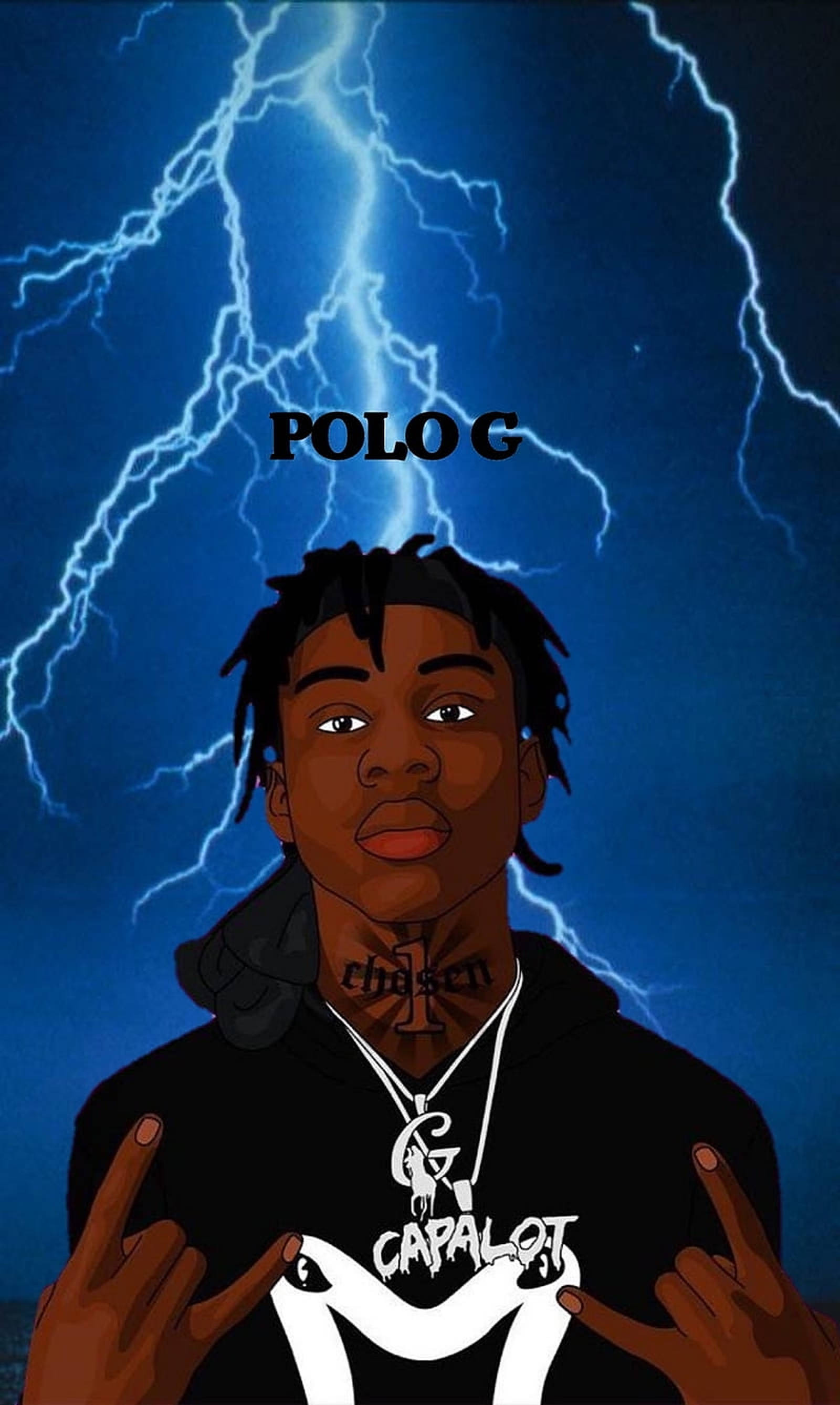Polo 桌布 壁紙 — Polo G 的風格化卡通肖像，背景是深藍色天空，帶有明亮的閃電。