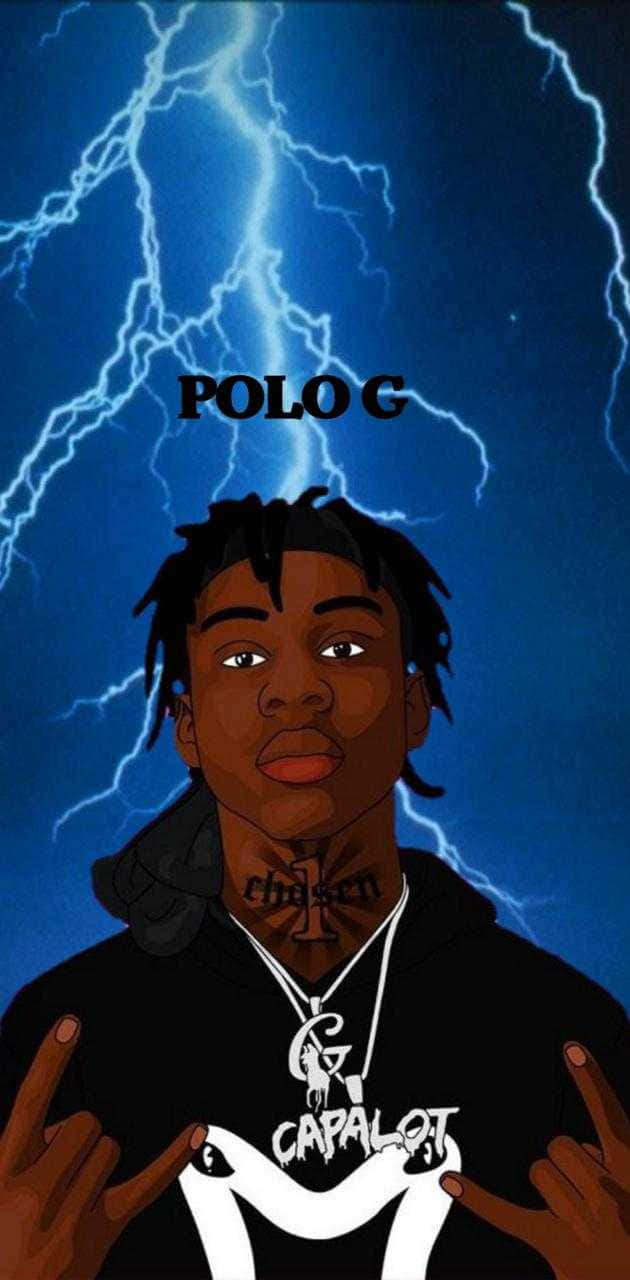 桌布 壁紙 — Polo G 的風格化肖像，背景是深藍色天空和明亮的白色閃電。