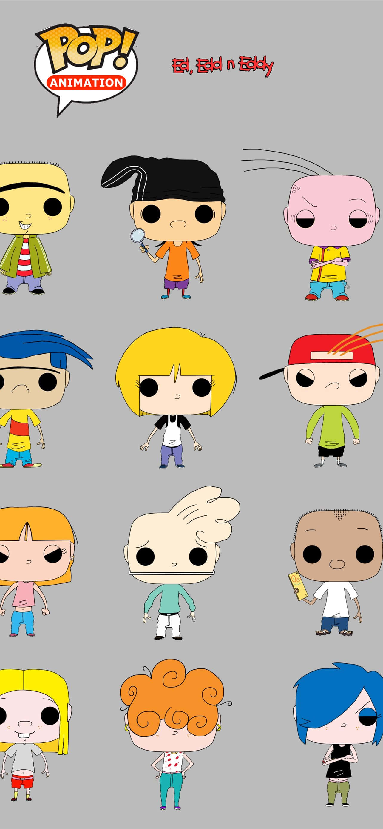 Funko Pop 桌布 壁紙 — Pop! Animation 角色以風格化的 Q 版形式呈現，頭部超大，特徵簡單，背景為純灰色。