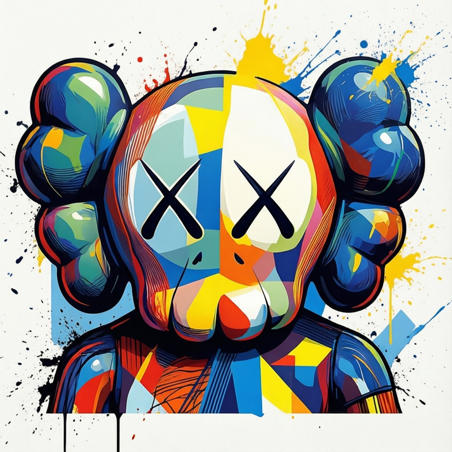 Abstract Kaws Splash 壁紙 — 一個充滿活力的普普藝術風格狗頭，帶有X形眼睛和鮮明的藍色、黃色和紅色油漆飛濺。