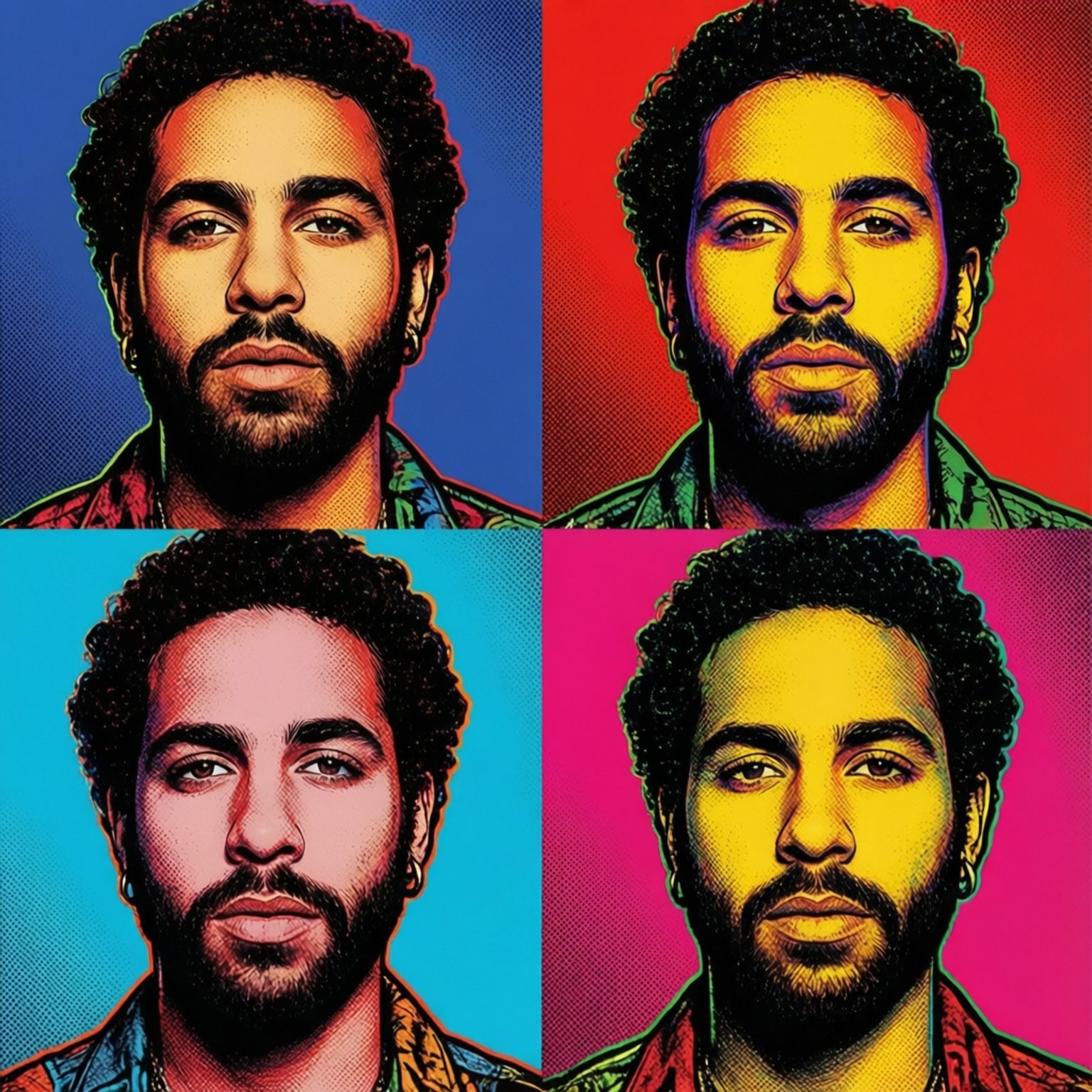 Pop Art Warhol Style 壁紙 — 一個有捲髮和鬍鬚的男人的普普藝術肖像，在鮮豔的藍色、紅色、青色和洋紅色背景上顯示了四次。