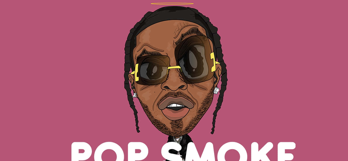 Pop Smoke Cartoon 桌布 壁紙 — Pop Smoke 的卡通插圖，梳著辮子、戴著太陽眼鏡，背景為純粉紅色。