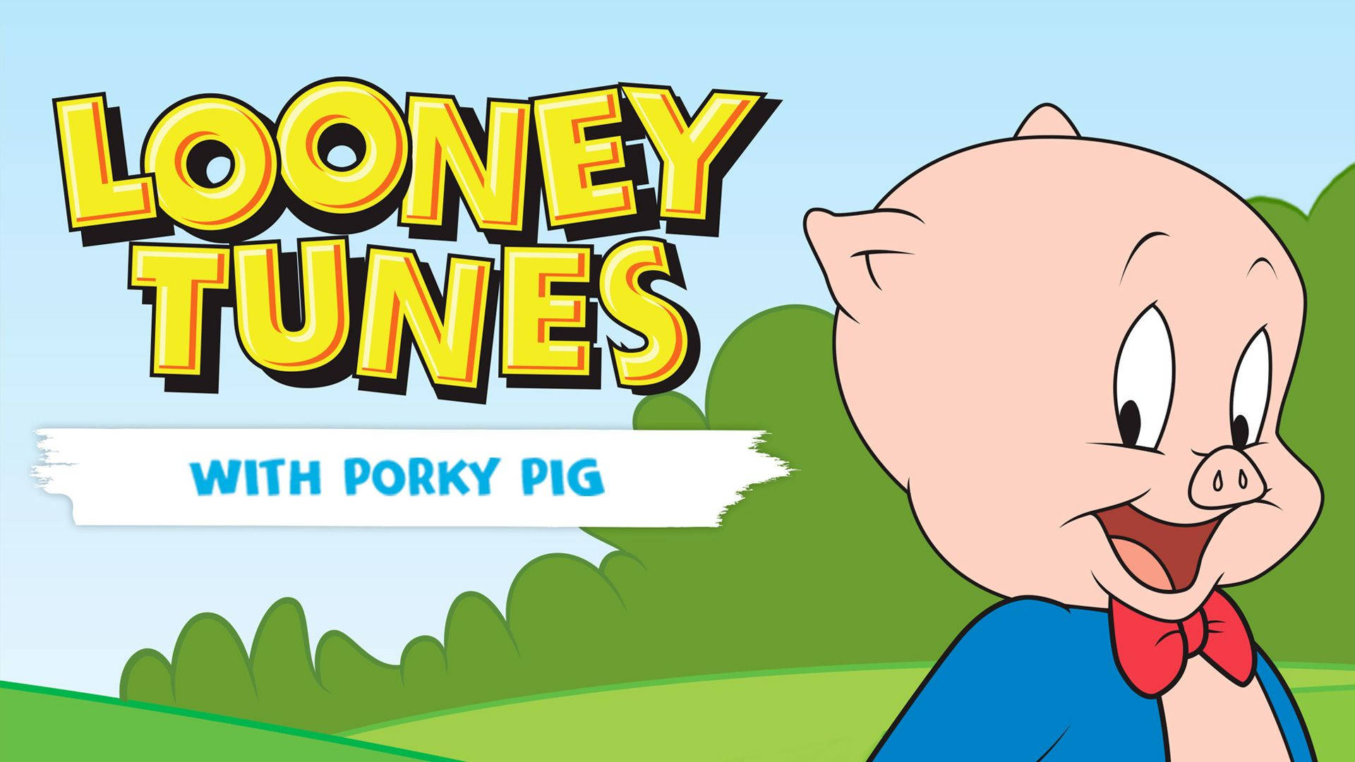 Cartoon 桌布 壁紙 — Porky Pig 在藍天下的卡通風景中愉快地微笑，帶有 'Looney Tunes' 標題。