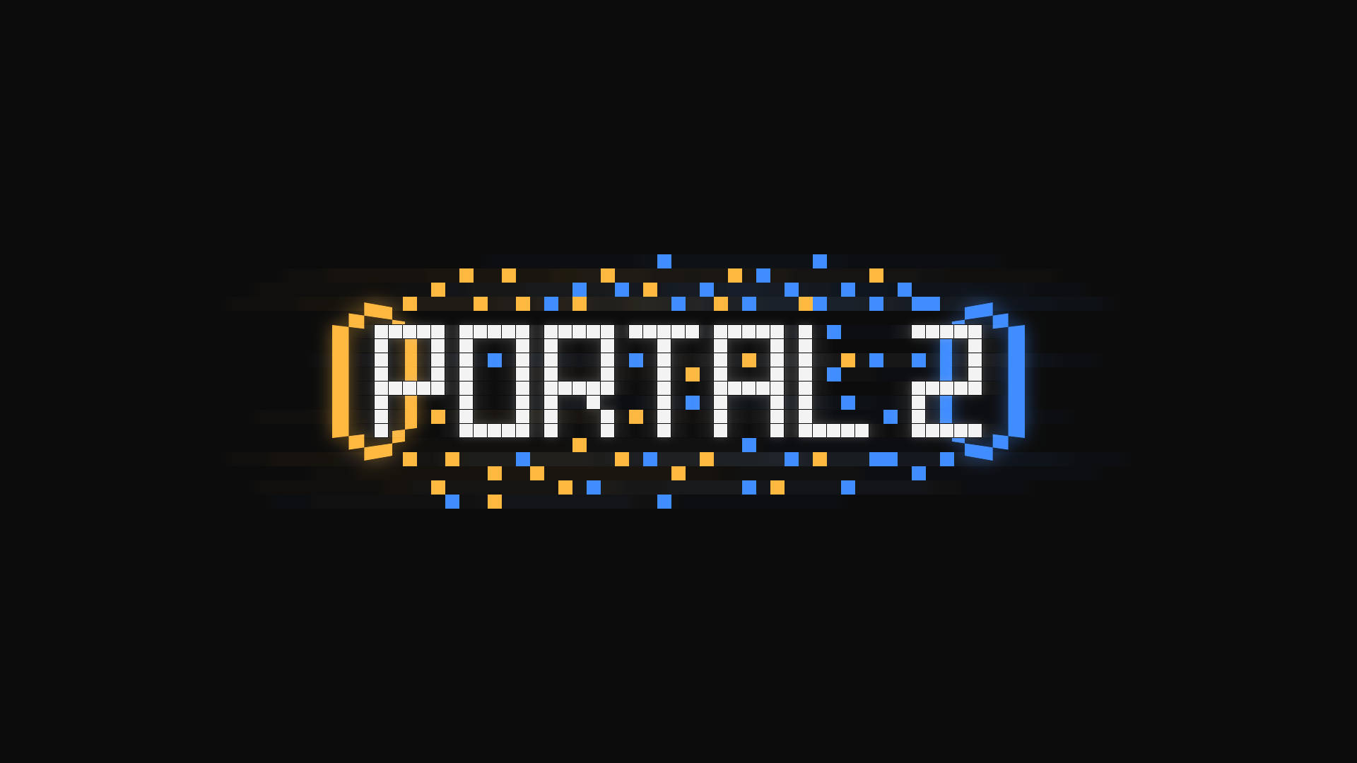 Portal 桌布 壁紙 — Portal 2 標誌以像素化白色發光，帶有橙色和藍色粒子，背景為黑色。