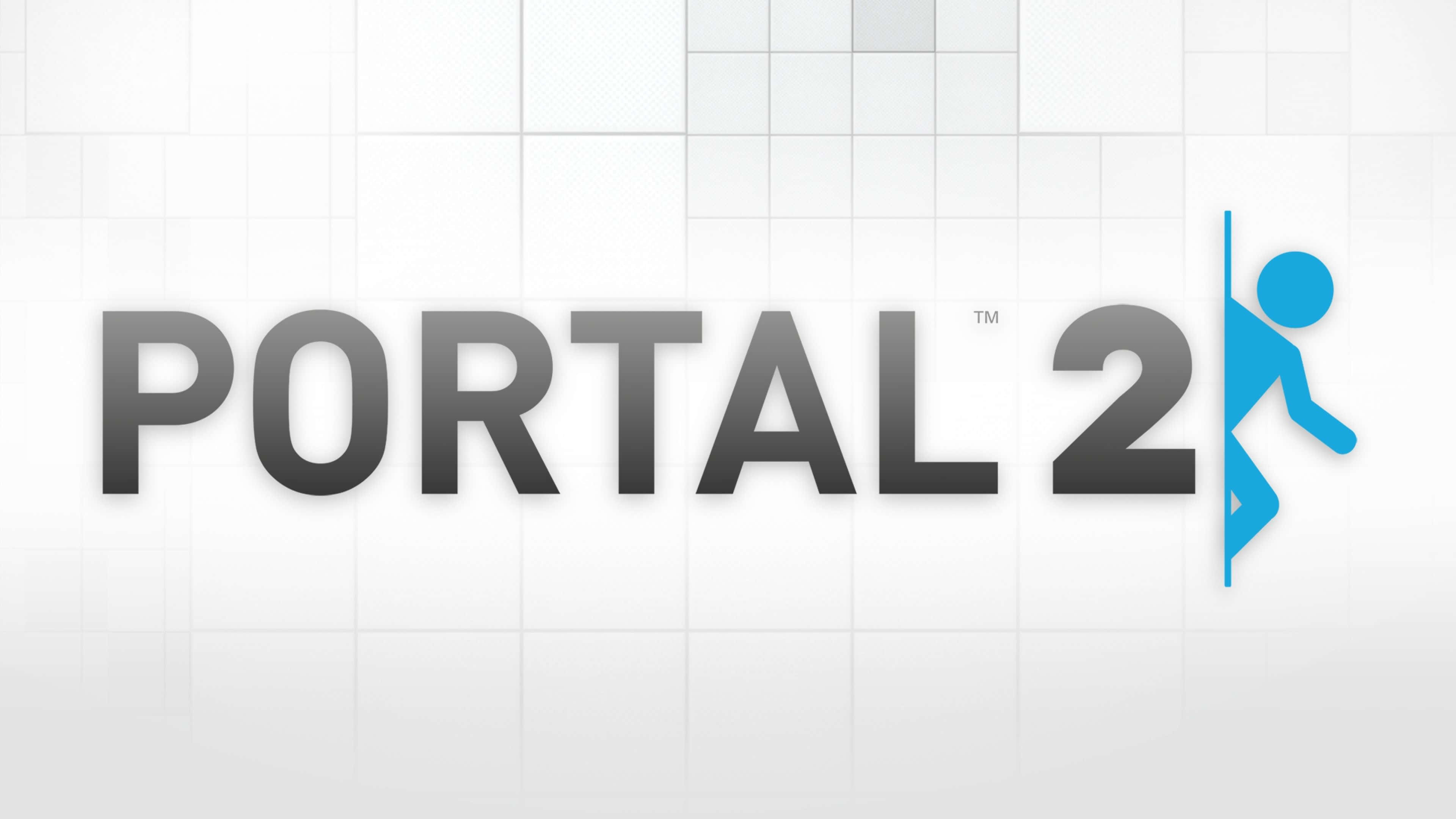 電玩遊戲 桌布 壁紙 — Portal 2 標誌以淺灰色磁磚背景為襯托，展示粗體灰色文字和藍色火柴人圖案。