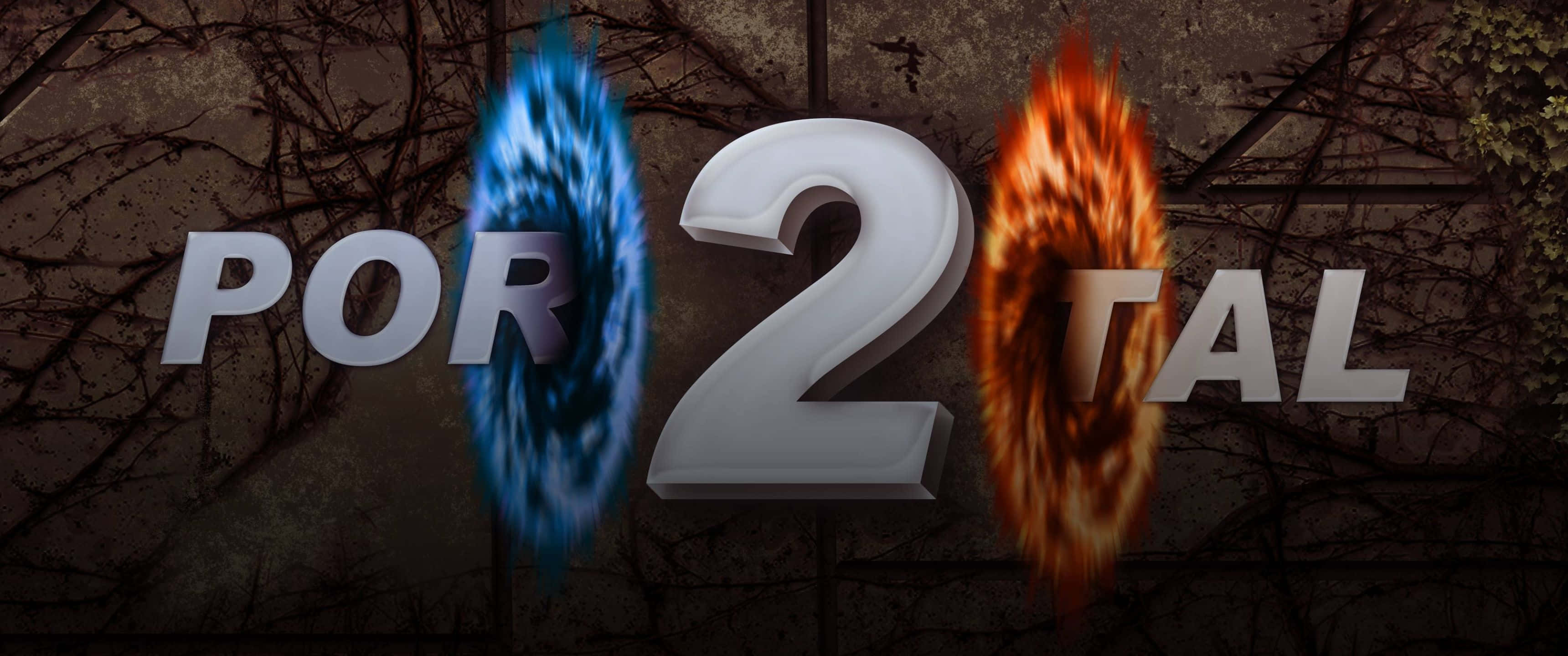 3440x1440p Portal 2 桌布 壁紙 — Portal 2 標誌在左側發出藍色傳送門，右側發出橙色傳送門，背景是黑暗的藤蔓覆蓋的牆壁。