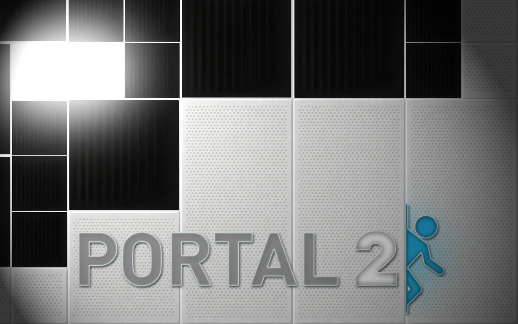 桌布 壁紙 — Portal 2 標誌在金屬瓷磚牆上，帶有藍色火柴人和明亮光源。