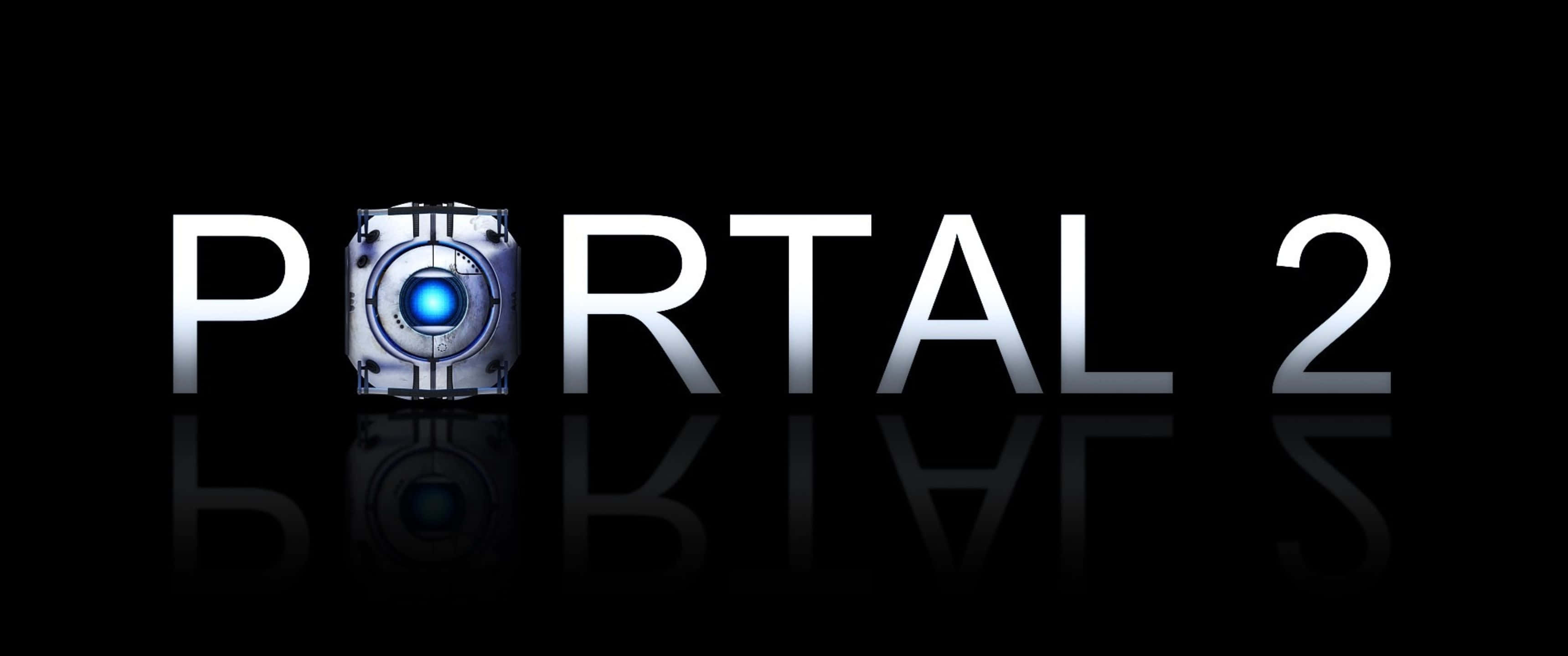 3440x1440p Portal 2 桌布 壁紙 — Portal 2 標誌在黑色反光表面上發出藍色核心的光芒。