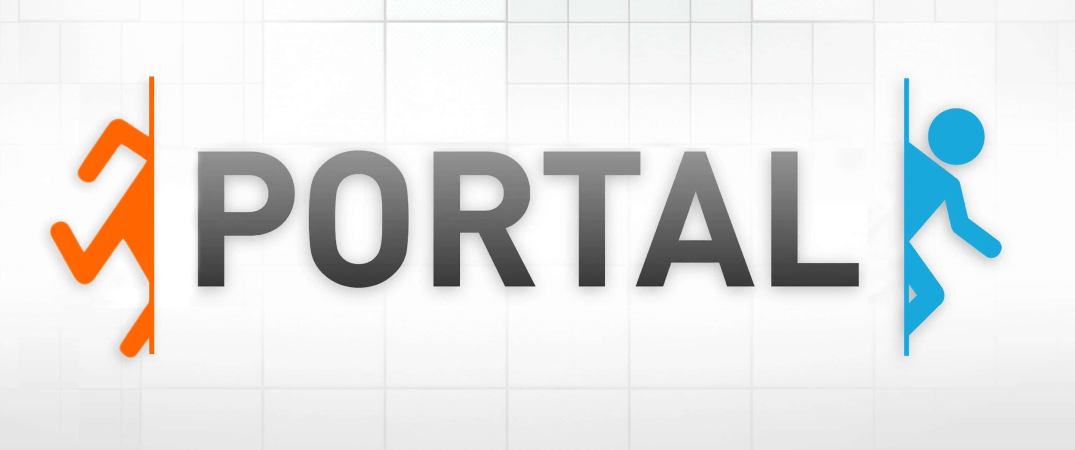 3440x1440p Portal 2 桌布 壁紙 — 「PORTAL」一詞兩旁有橙色和藍色火柴人在白色網格背景上攀爬垂直線條。