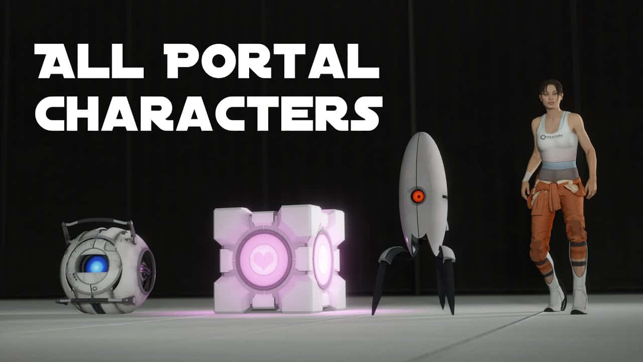 Portal Characters 桌布 壁紙 — Portal 遊戲角色，包括 Chell、GLaDOS 和傳送槍，站在一個極簡風格的攝影棚中，旁邊有發光的粉紅色傳送裝置。