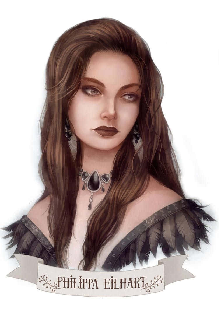 Philippa Eilhart 桌布 壁紙 — 一位長棕色頭髮、深色妝容的女性肖像，身穿帶羽毛裝飾的黑色上衣和華麗項鍊。