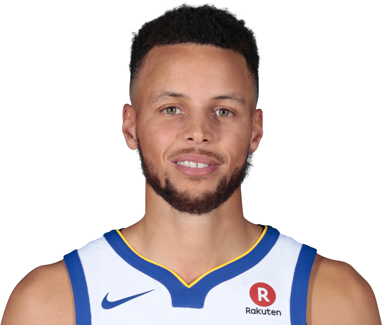 身穿球隊球衣的籃球運動員史蒂芬柯瑞對著鏡頭微笑。 — NBA 壁紙