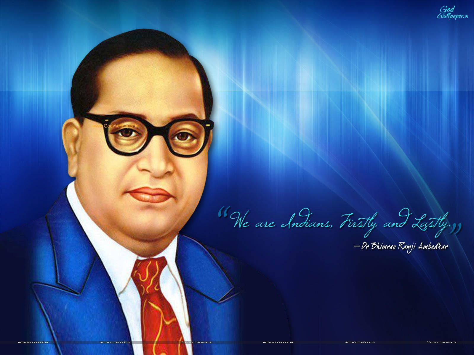 Ambedkar 桌布 壁紙 — Dr B R Ambedkar 身穿藍色西裝和紅色領帶的肖像，背景為明亮的藍色，並附有引言。