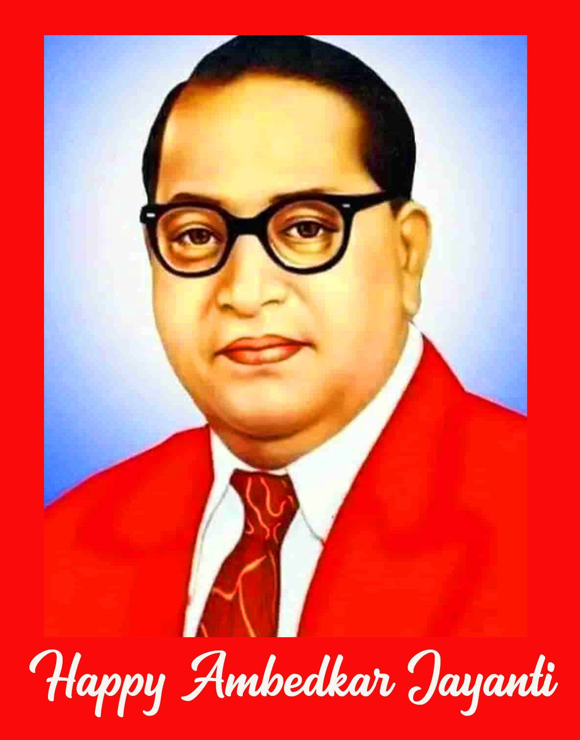 Dr Babasaheb Ambedkar 桌布 壁紙 — Dr B R Ambedkar 身穿紅色西裝、戴眼鏡的肖像，藍色背景配紅色邊框和慶祝文字。
