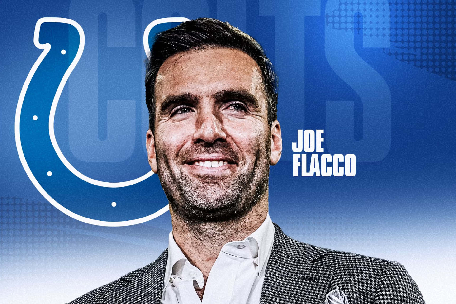  壁紙 — Joe Flacco 在藍色印第安納波利斯小馬隊標誌背景下自信微笑的肖像。