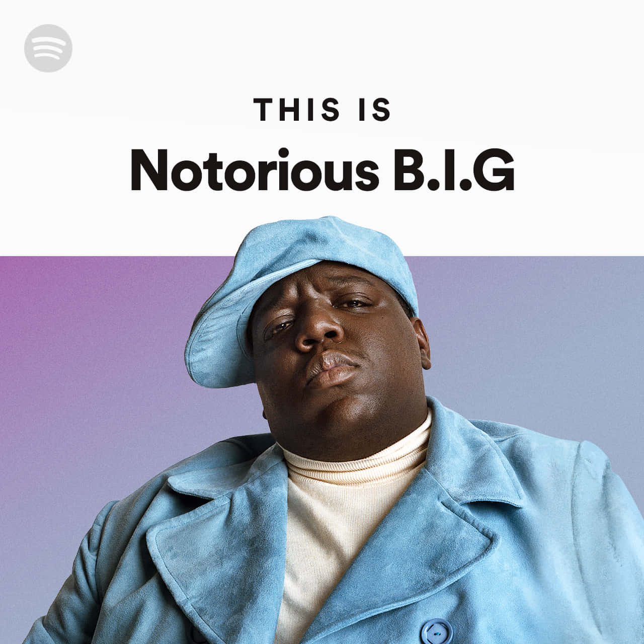  壁紙 — Notorious B.I.G. 的肖像，身穿淺藍色外套和帽子，背景為紫色漸變，帶有 Spotify 品牌標誌。