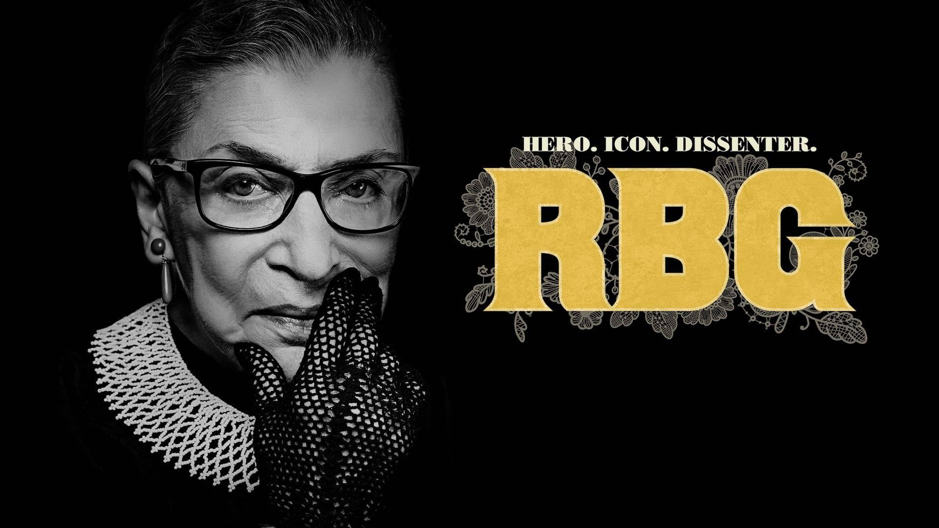 露絲·拜德·金斯伯格 桌布 壁紙 — Ruth Bader Ginsburg 的黑白肖像，黑色背景上帶有粗體金色文字 RBG。
