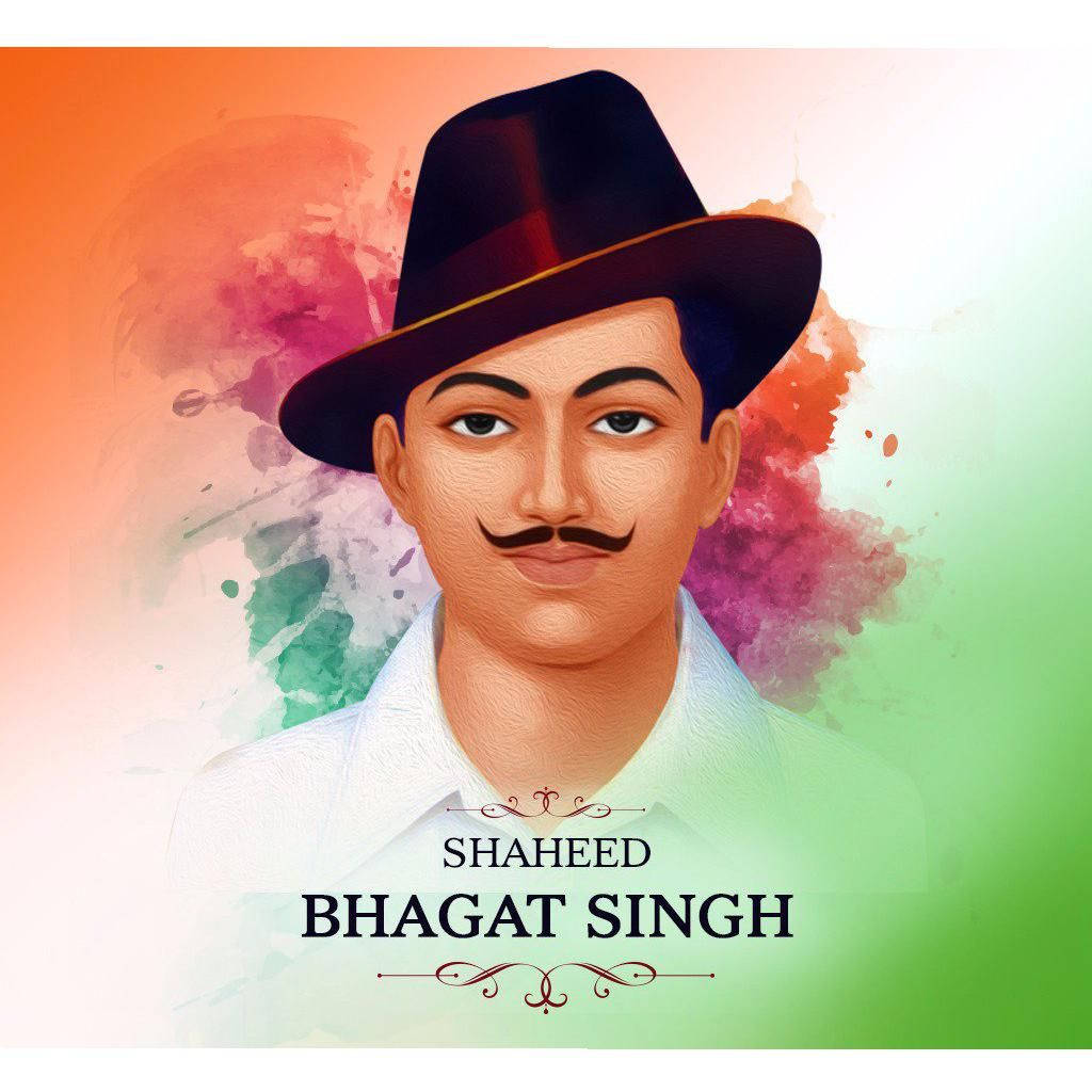 Shaheed Bhagat Singh 桌布 壁紙 — Shaheed Bhagat Singh 戴黑色帽子的肖像，背景為充滿活力的水彩畫，色調包括橙色、綠色和粉紅色。