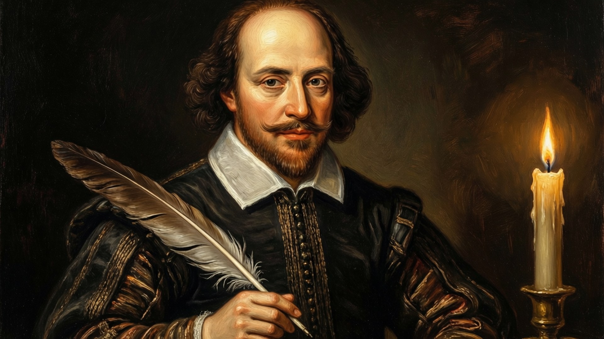 Shakespeare in Candlelight 壁紙 — 一幅威廉·莎士比亞的肖像，在昏暗的房間裡手持羽毛筆，旁邊有一根點燃的蠟燭。
