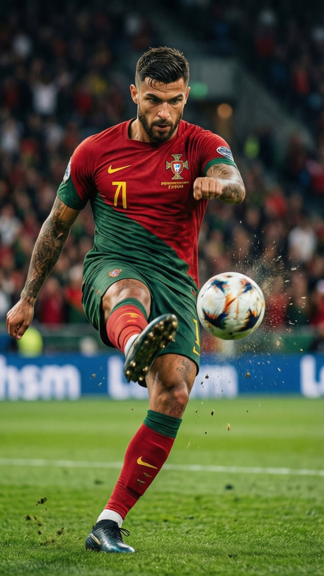 Bruno Fernandes Free Kick 壁紙 — 一位身穿紅綠球衣的葡萄牙足球員在充滿活力的綠色球場上踢球，背景有觀眾。
