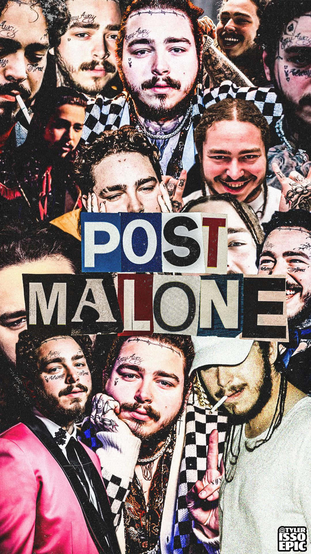 波斯特·马龙 桌布 壁紙 — Post Malone 不同姿勢和服裝的臉部拼貼，帶有粗體文字疊加。