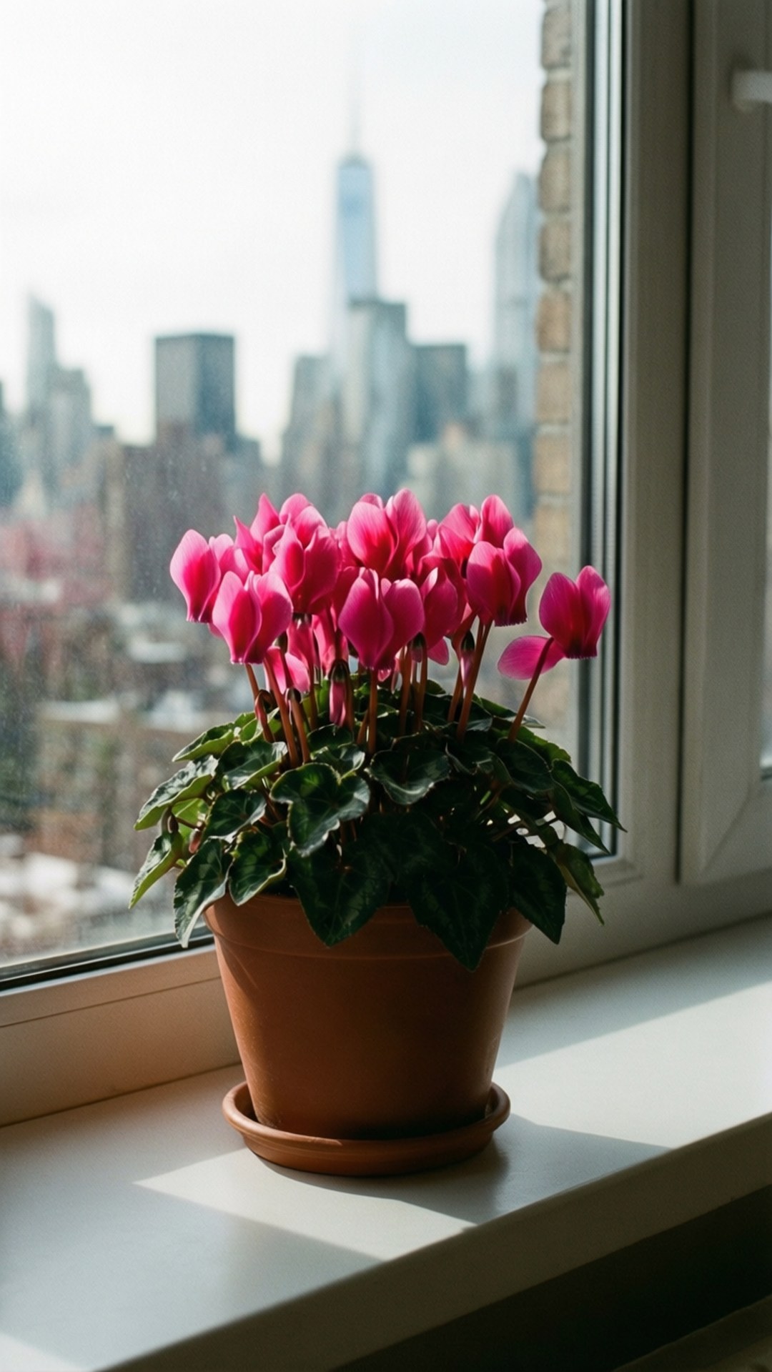 Cityscape Cyclamen 壁紙 — 一盆盛開的仙客來，帶有鮮豔的粉紅色花朵和深綠色葉子，放在窗台上，俯瞰模糊的城市天際線。